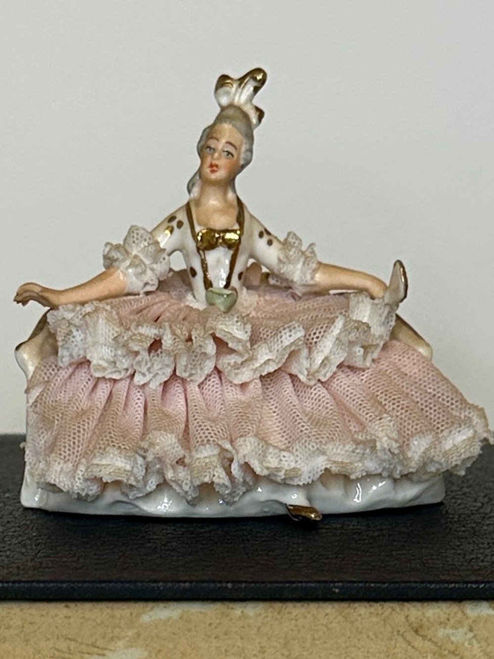 Vintage Porcelain Dresden Lady w/ Lace Dress Seated on a Settee